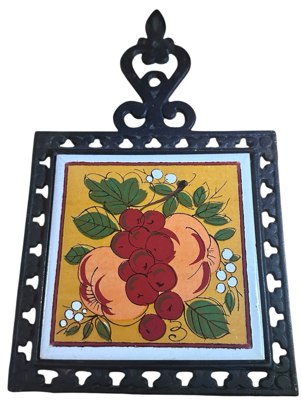 Vintage cast iron and ceramic trivet:hot plate/ wall decor Hand painted tile,